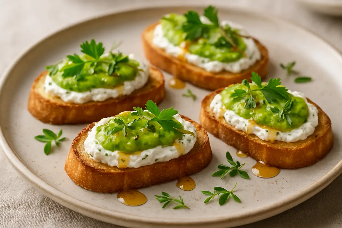 Herbed Ricotta and Bourbon Honey Crostini with Spring Pea Puree