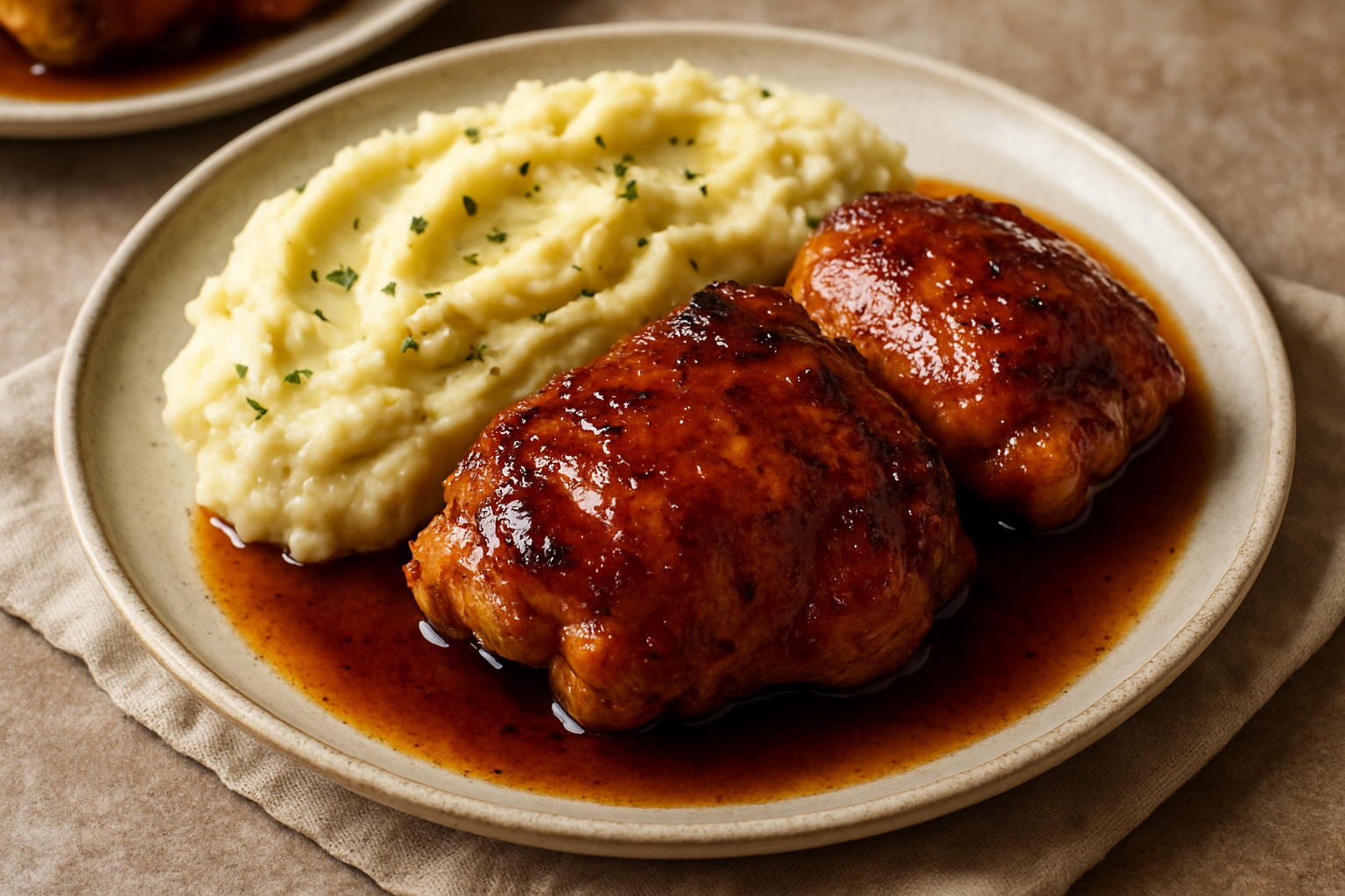 Honey Bourbon Glazed Chicken Thighs with Garlic Mashed Potatoes