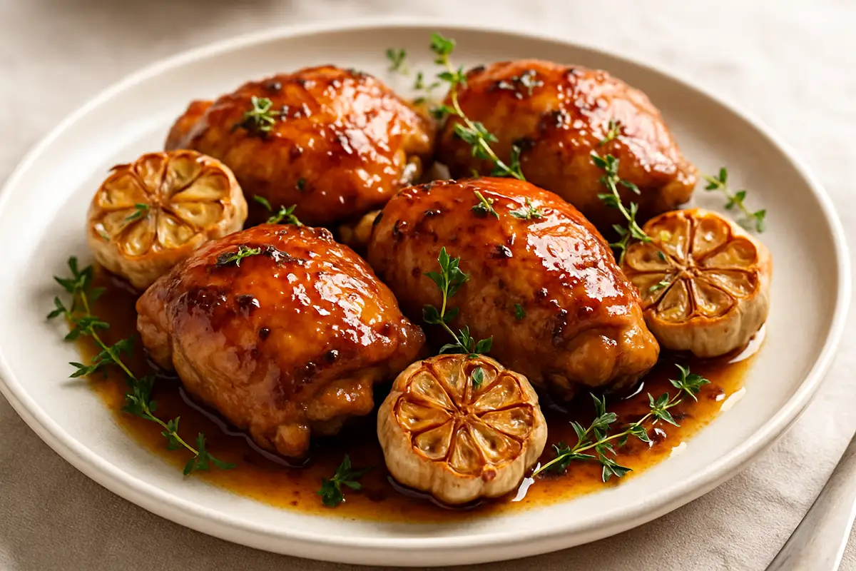 Honey Bourbon Glazed Chicken Thighs with Roasted Garlic and Thyme