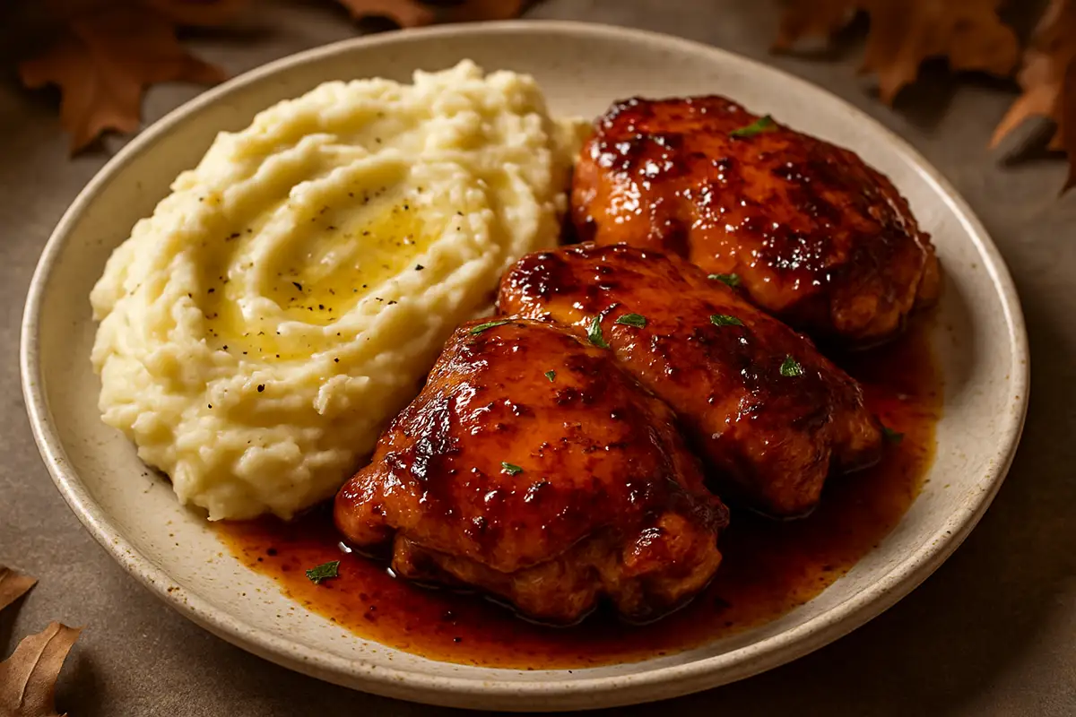 Honey Bourbon Glazed Chicken Thighs with Roasted Garlic Mashed Potatoes