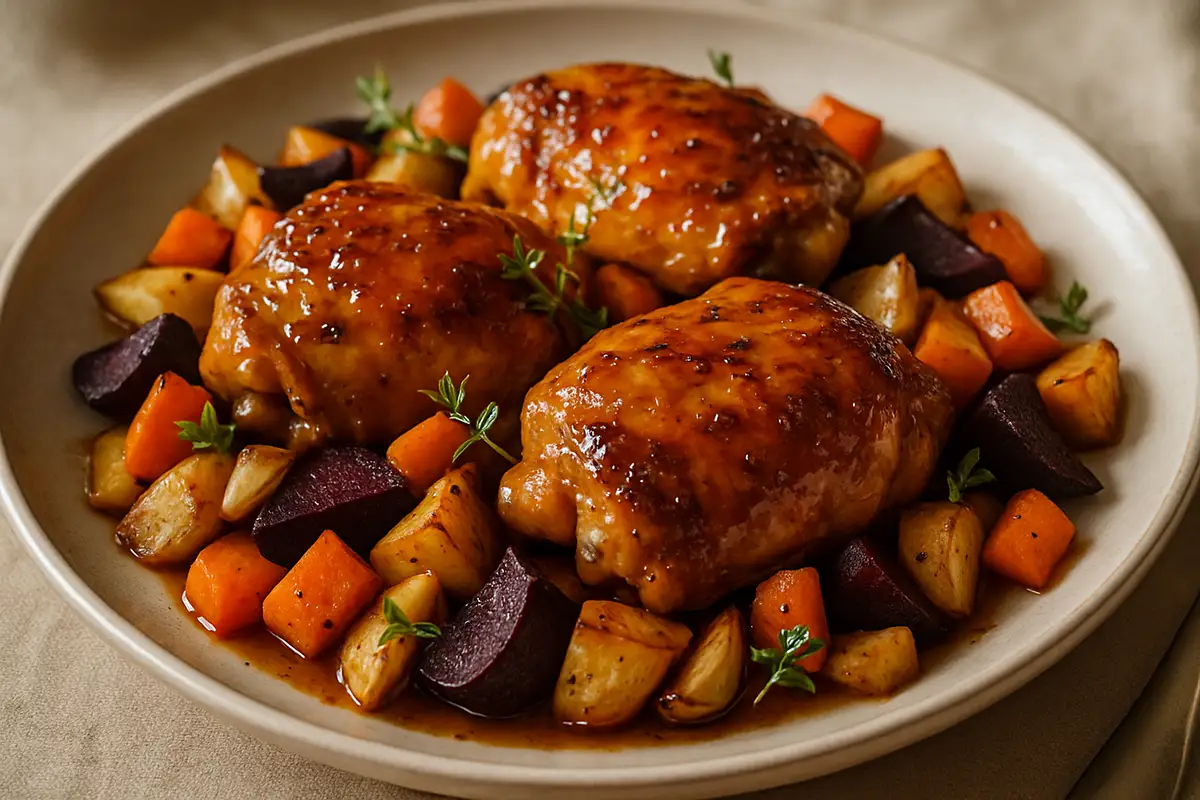 Honey Bourbon Glazed Chicken Thighs with Roasted Root Vegetables