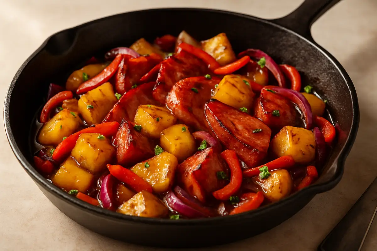 Honey Bourbon Glazed Ham and Pineapple Breakfast Skillet