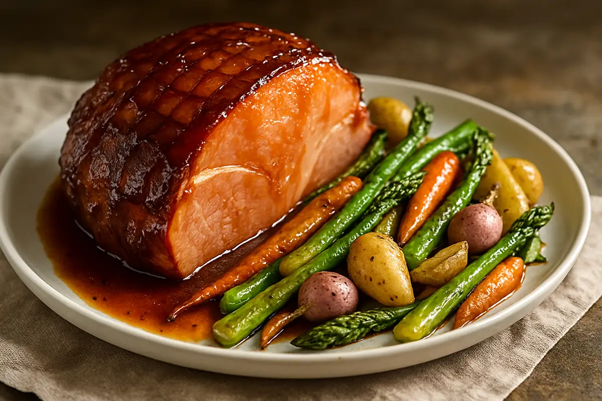 Honey-Bourbon Glazed Ham with Roasted Spring Vegetables