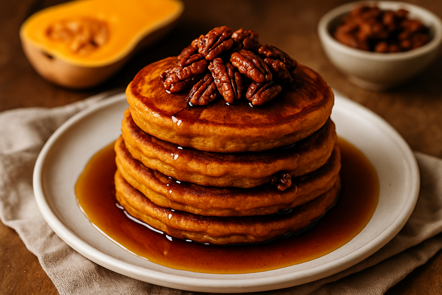 Maple Bourbon Butternut Squash Pancakes with Spiced Pecans