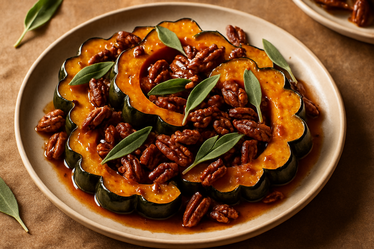 Maple Bourbon-Glazed Acorn Squash with Candied Pecans and Sage