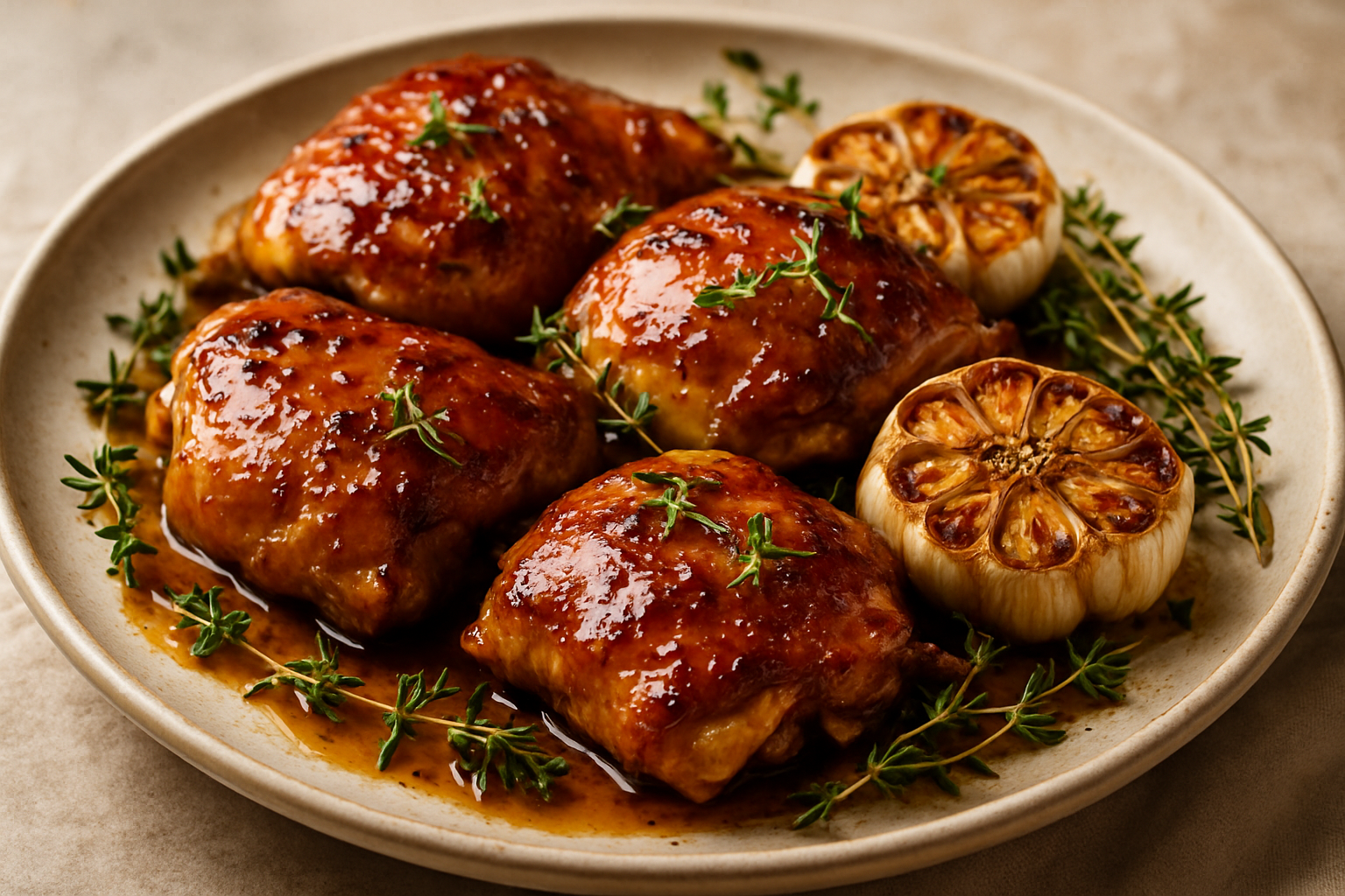 Maple Bourbon Glazed Chicken Thighs with Roasted Garlic and Thyme