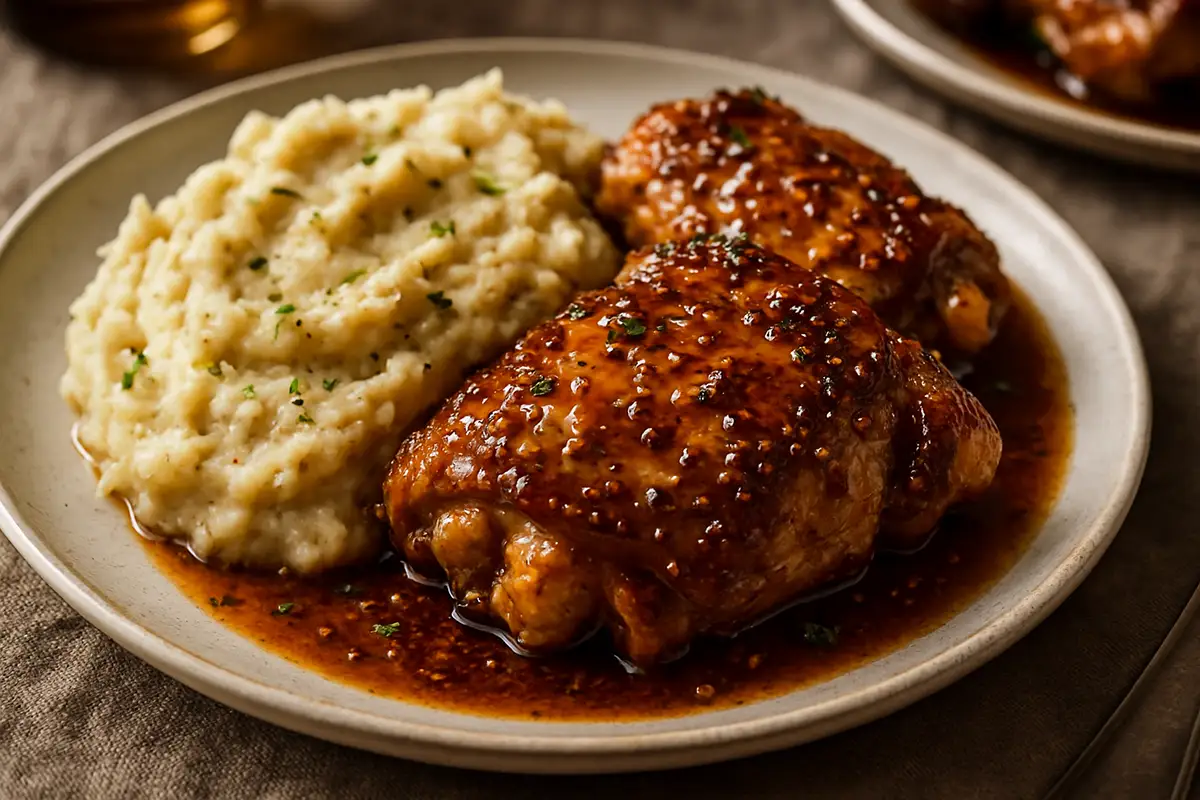 Maple Bourbon Glazed Chicken Thighs with Roasted Garlic Mashed Potatoes