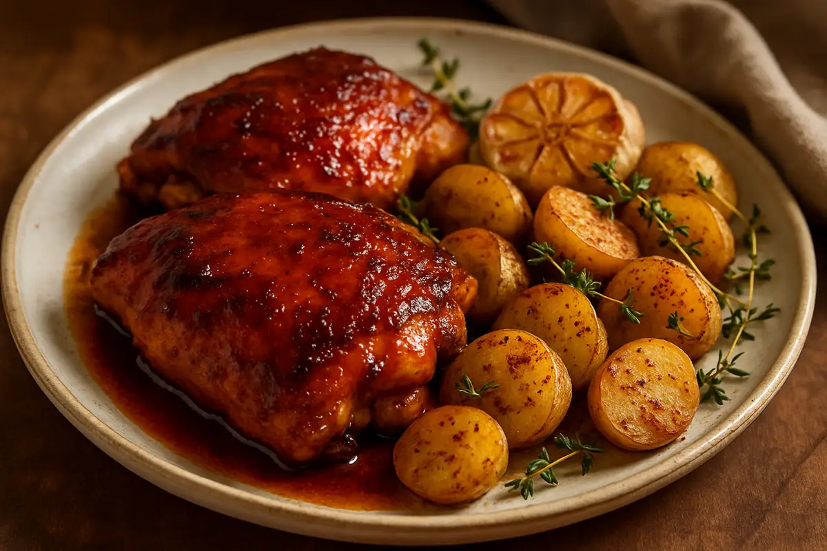 Maple Bourbon Glazed Chicken Thighs with Roasted Garlic Thyme Potatoes