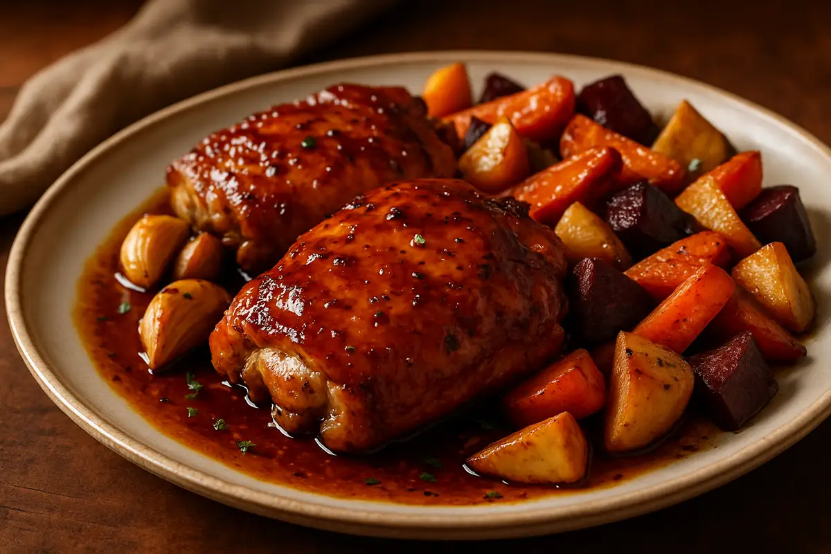 Maple Bourbon Glazed Chicken Thighs with Roasted Root Vegetables