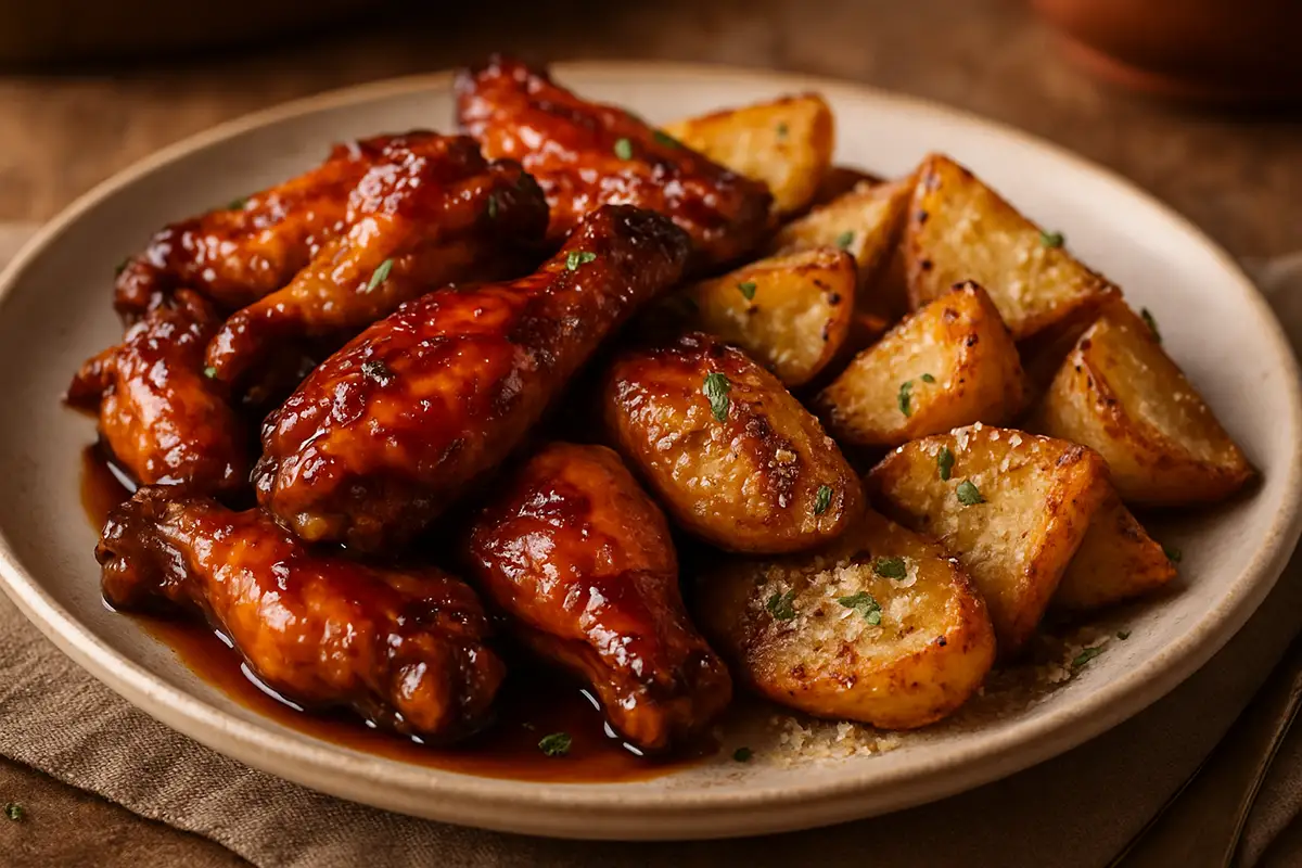 Maple Bourbon Glazed Chicken Wings with Crispy Parmesan Roasted Potatoes
