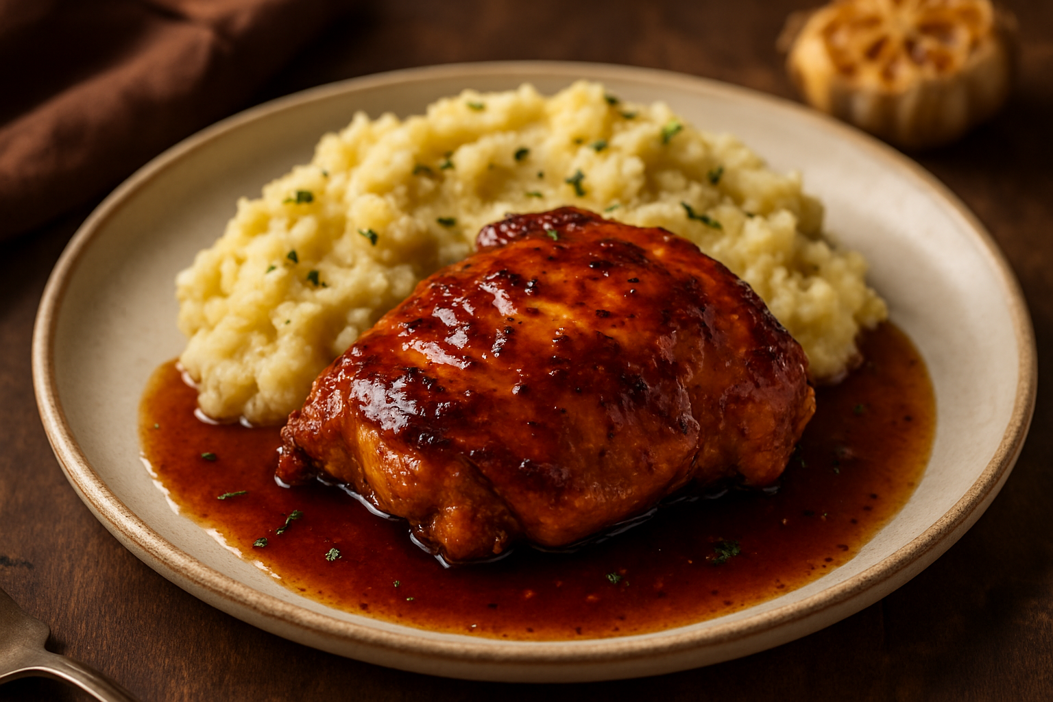 Maple Bourbon Glazed Chicken with Roasted Garlic Mashed Potatoes