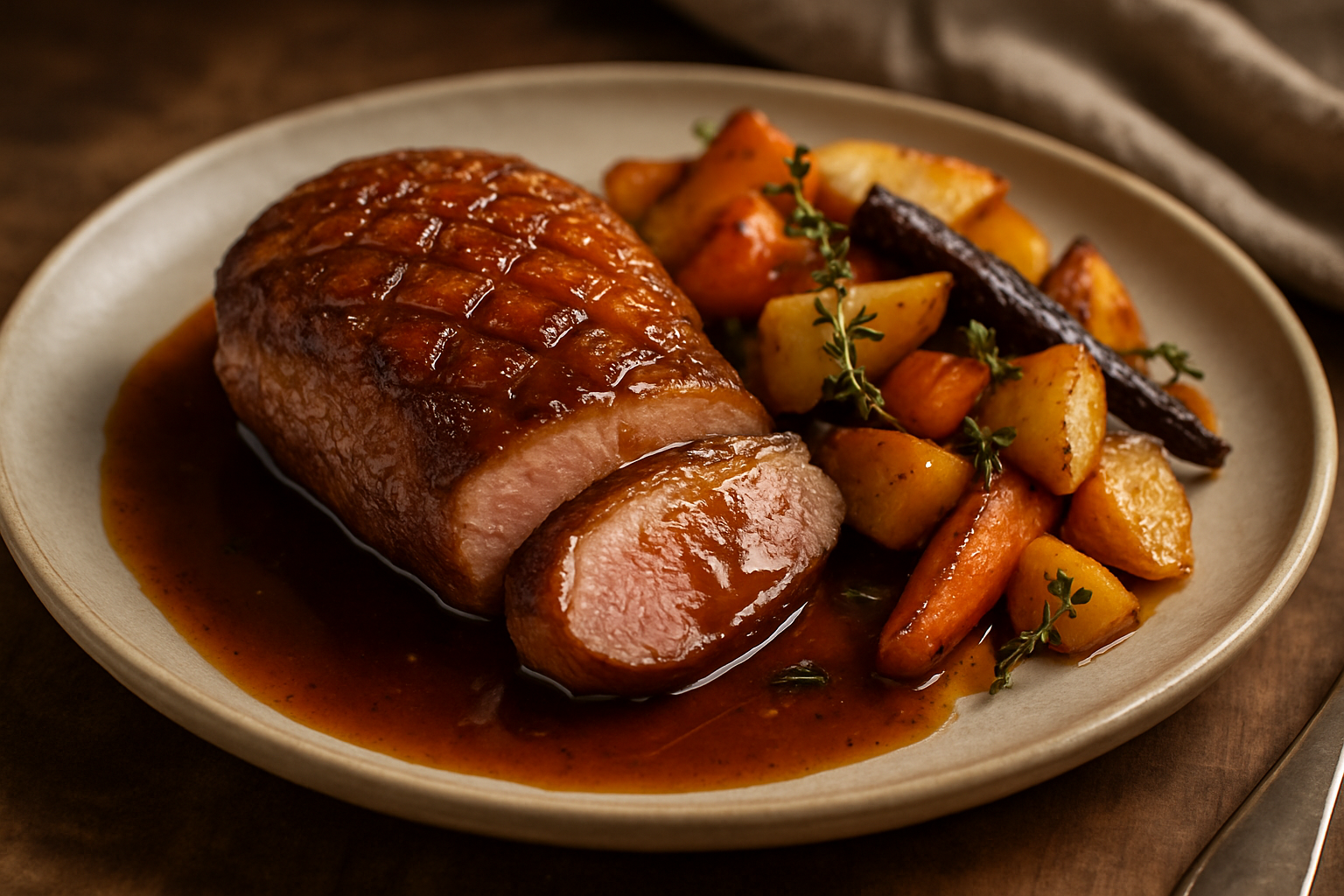 Maple Bourbon-Glazed Duck Breast with Roasted Root Vegetables