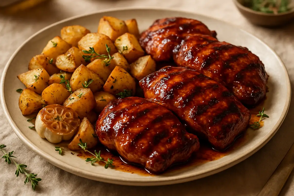 Maple Bourbon-Glazed Grilled Chicken Thighs with Roasted Garlic Herb Potatoes