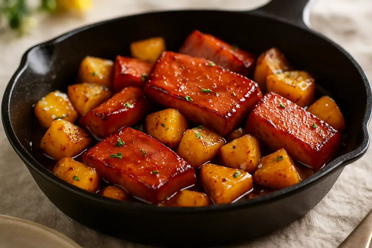 Maple Bourbon Glazed Ham and Pineapple Breakfast Skillet