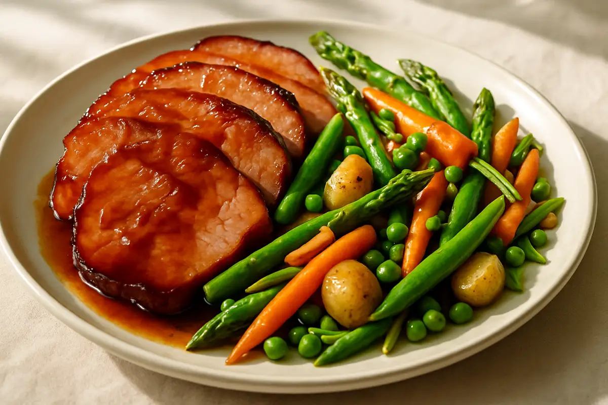 Maple-Bourbon Glazed Ham and Spring Vegetable Skillet