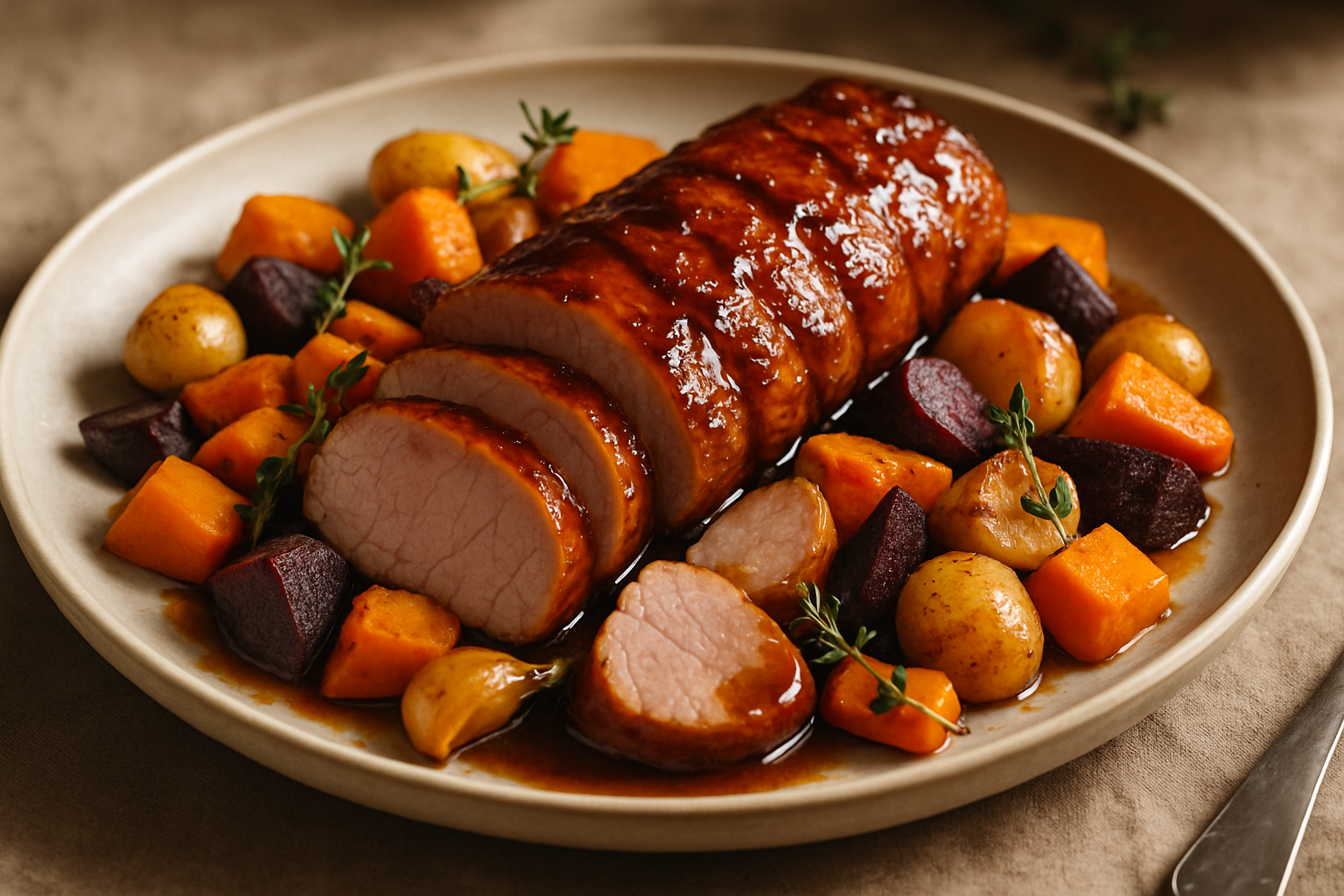 Maple Bourbon Glazed Pork Tenderloin with Roasted Autumn Vegetables