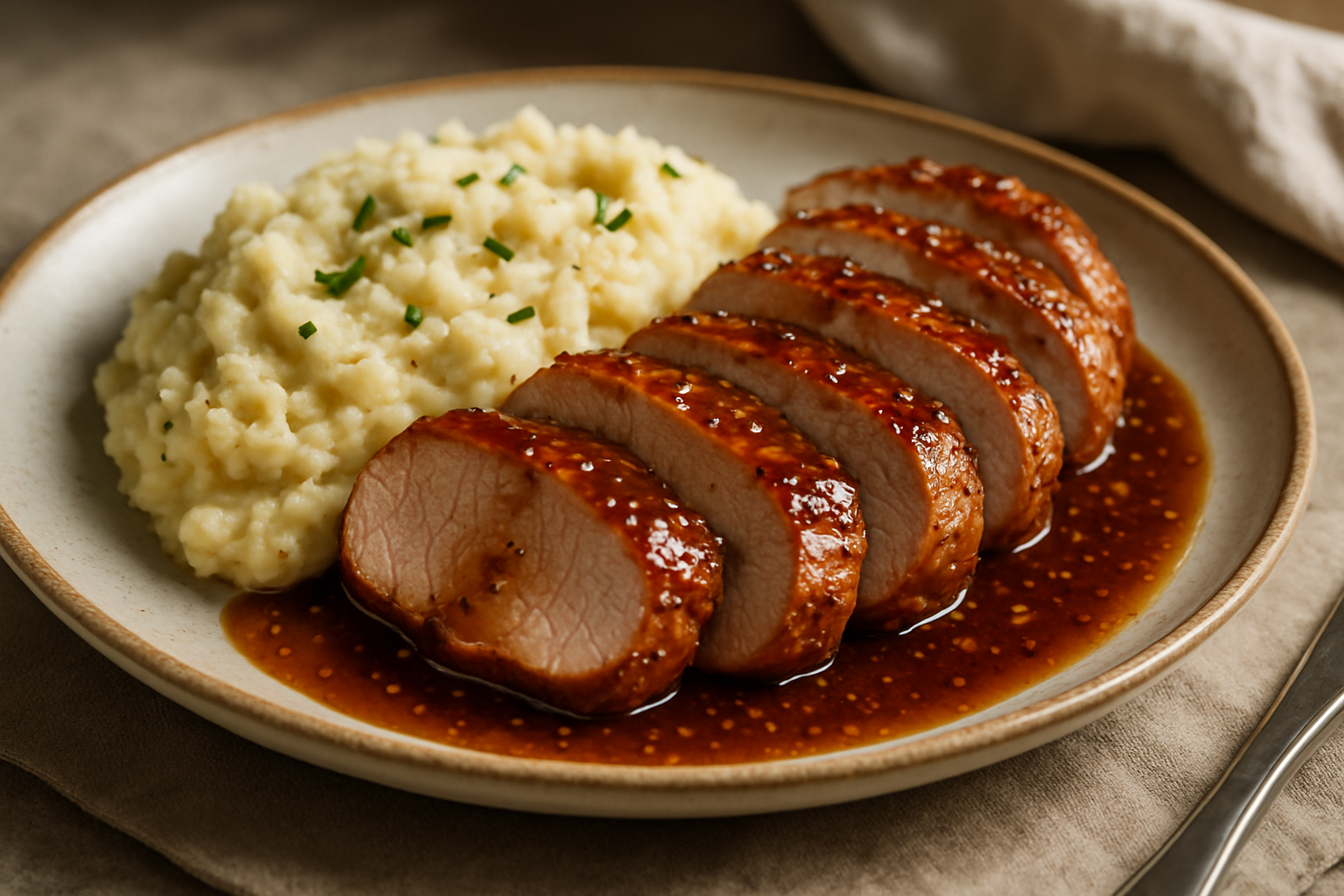Maple Bourbon Glazed Pork Tenderloin with Roasted Garlic Mashed Potatoes