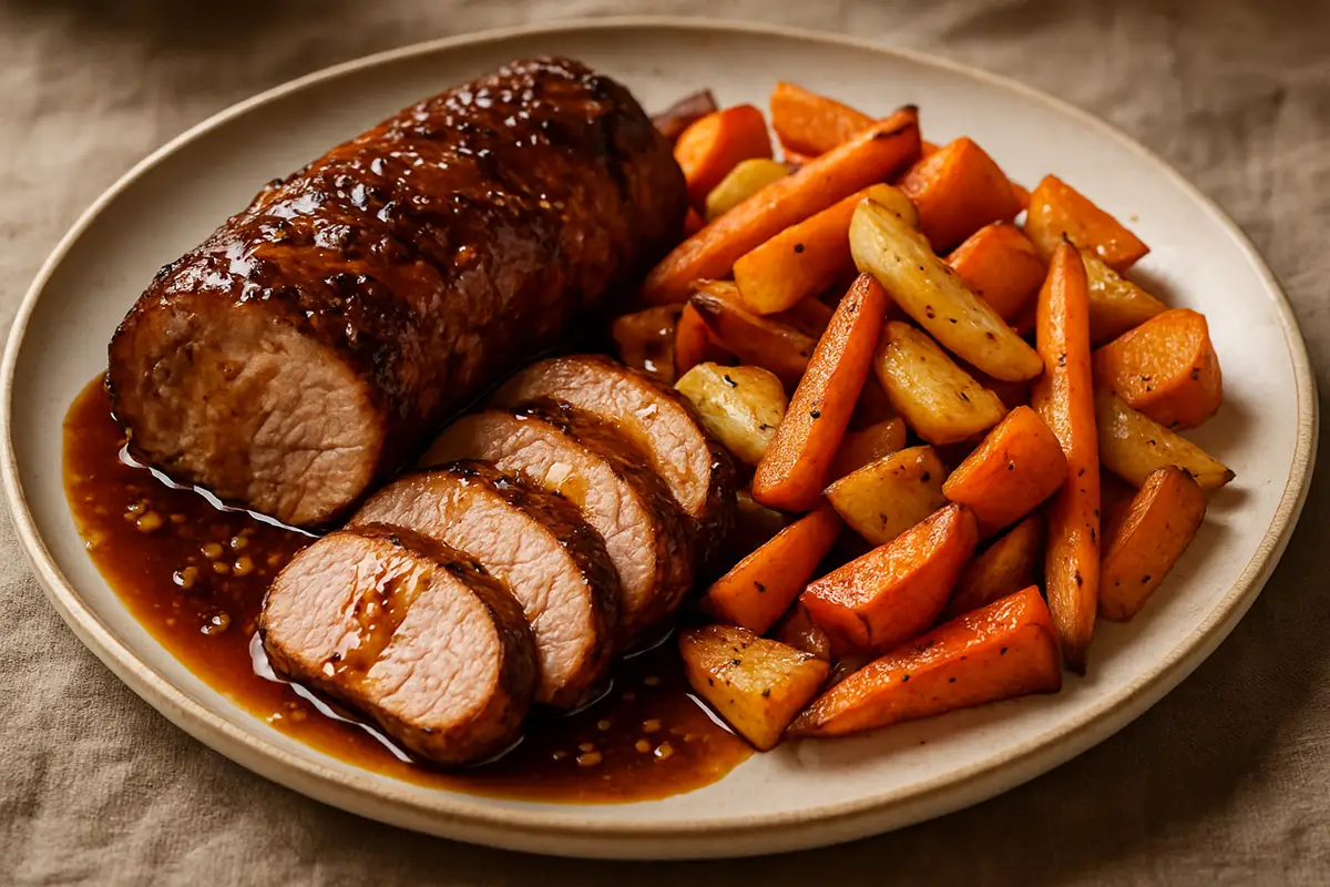 Maple Bourbon Glazed Pork Tenderloin with Roasted Root Vegetables