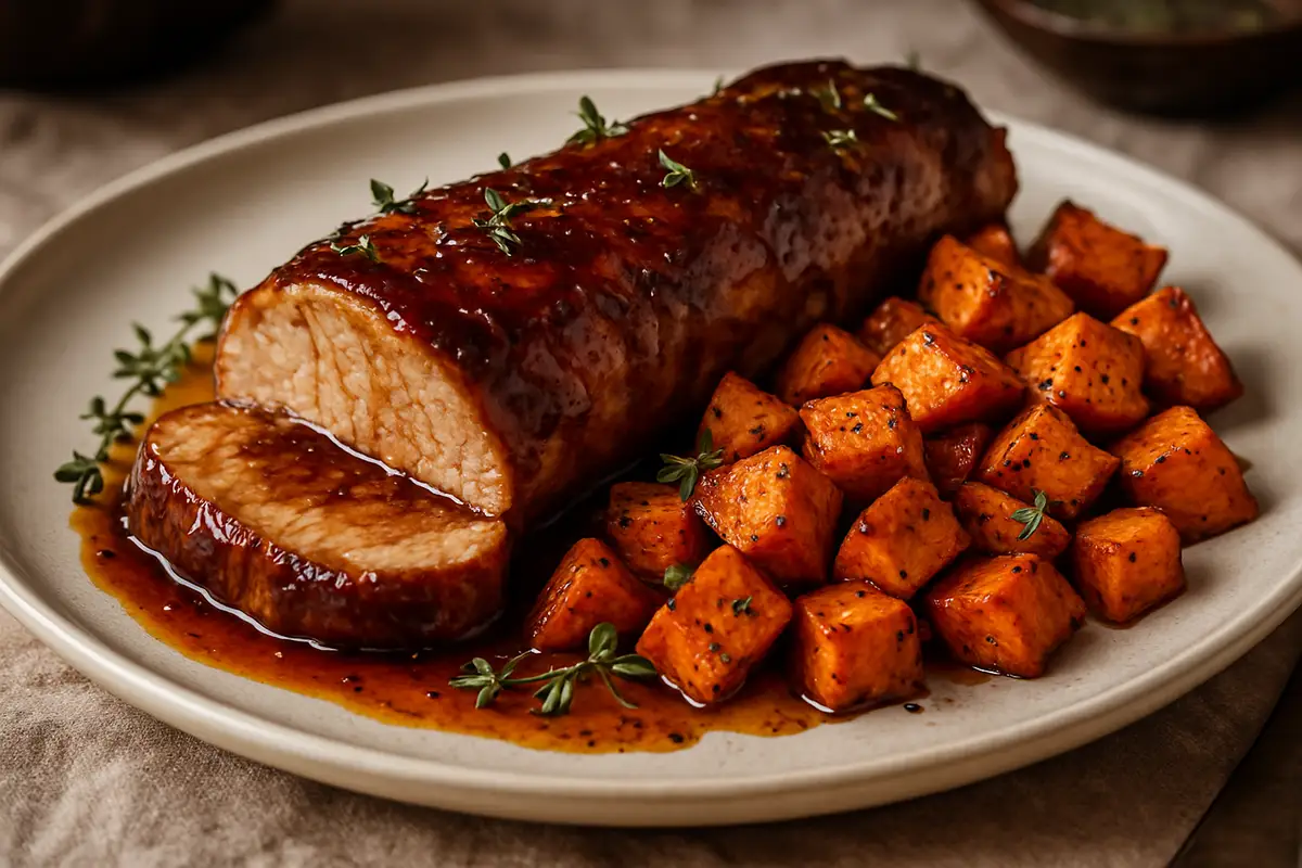 Maple Bourbon Glazed Pork Tenderloin with Roasted Sweet Potatoes