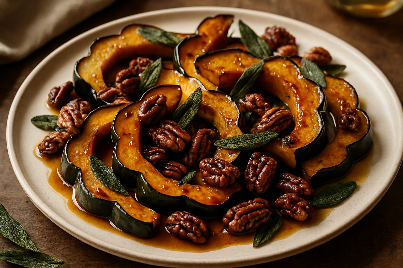 Maple Bourbon-Glazed Roasted Acorn Squash with Sage and Candied Pecans