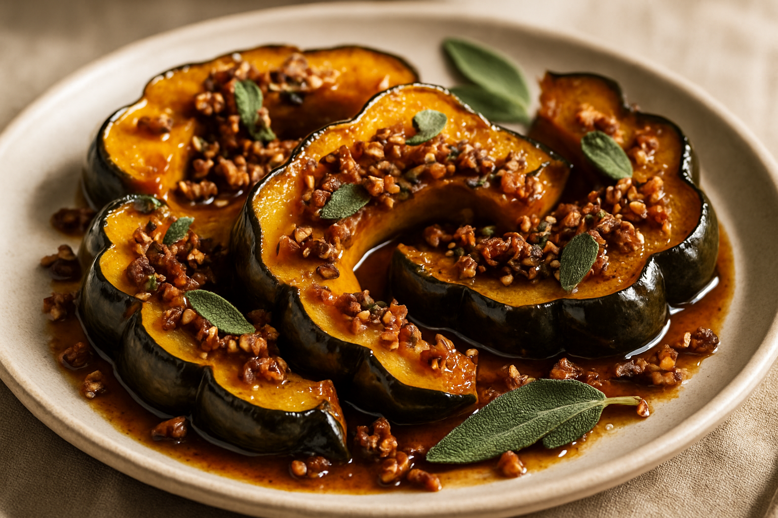 Maple Bourbon-Glazed Roasted Acorn Squash with Sage and Pecan Crumble