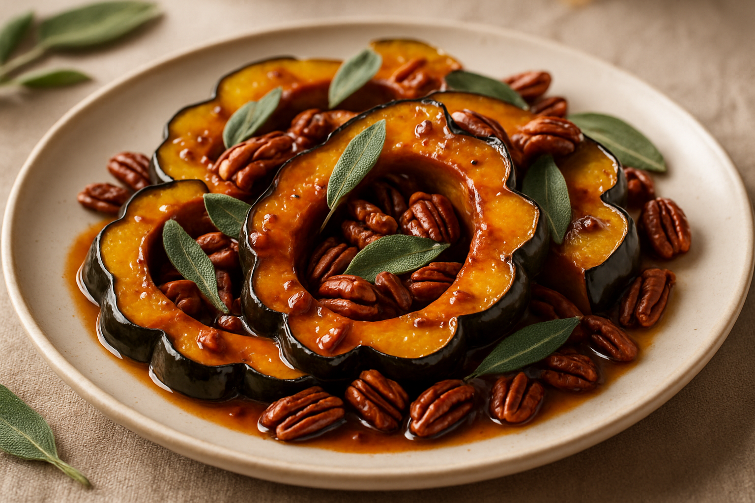 Maple Bourbon-Glazed Roasted Acorn Squash with Sage and Toasted Pecans