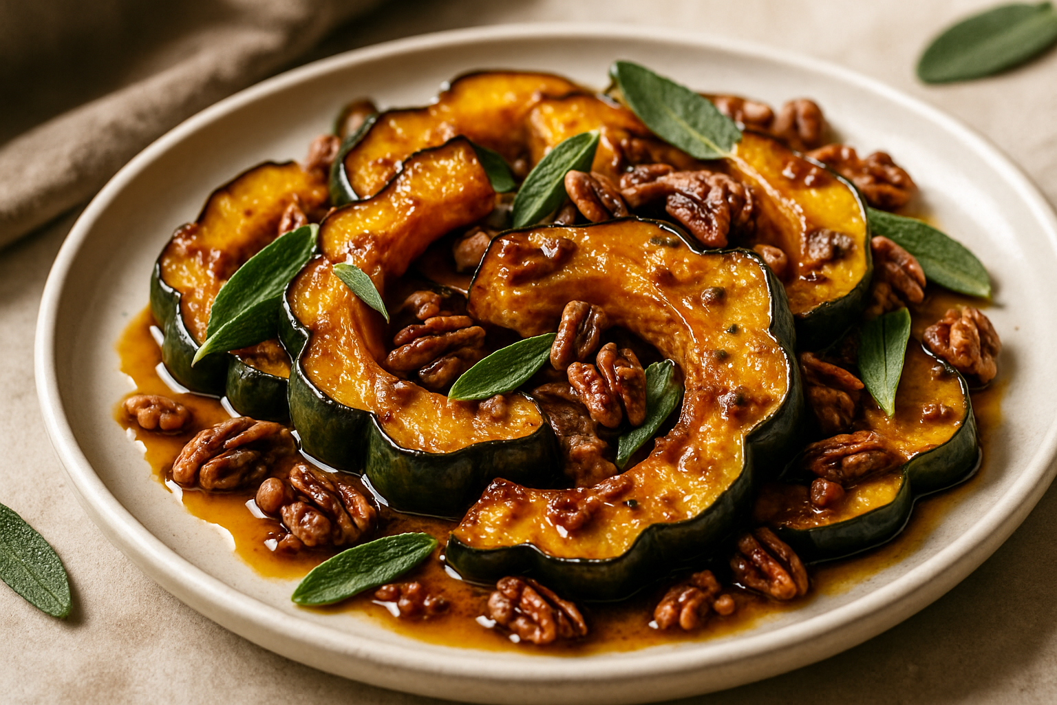 Maple Bourbon-Glazed Roasted Acorn Squash with Toasted Pecans and Sage