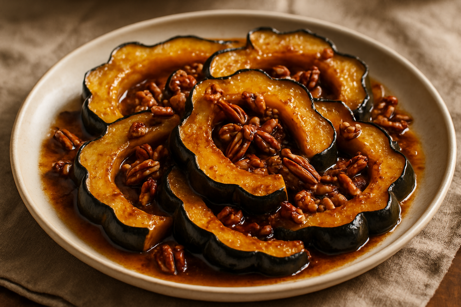 Maple Bourbon Glazed Roasted Acorn Squash with Toasted Pecans