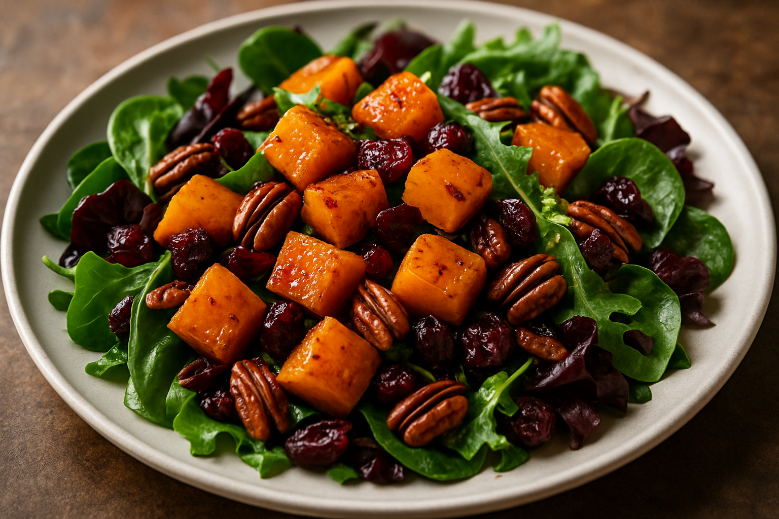 Maple Bourbon Glazed Roasted Butternut Squash Salad with Cranberries and Toasted Pecans