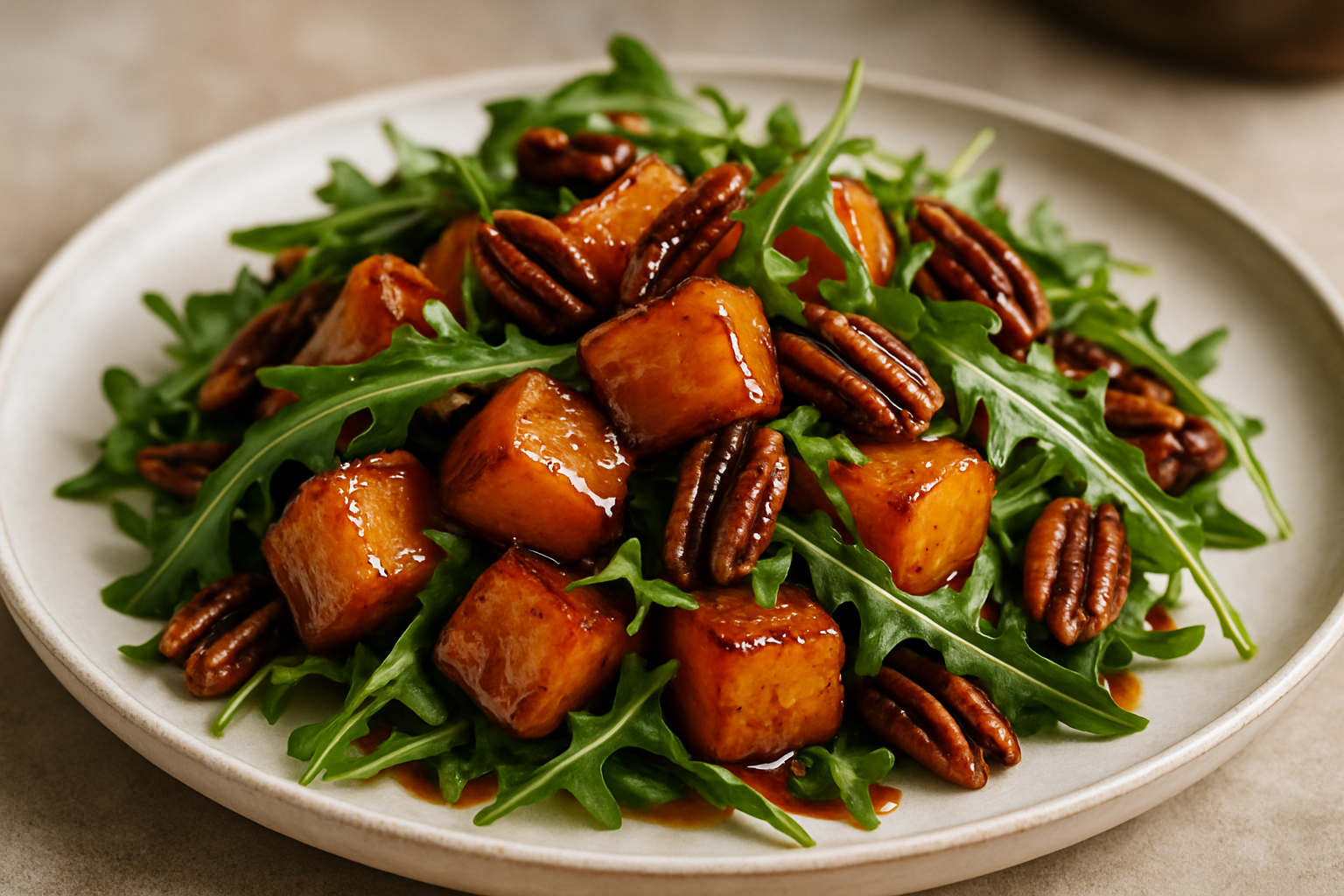 Maple Bourbon Glazed Roasted Butternut Squash Salad with Toasted Pecans and Arugula
