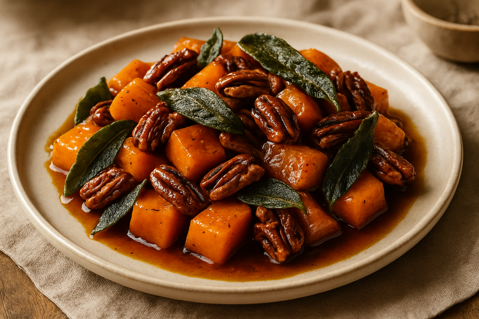 Maple Bourbon-Glazed Roasted Butternut Squash with Sage and Candied Pecans