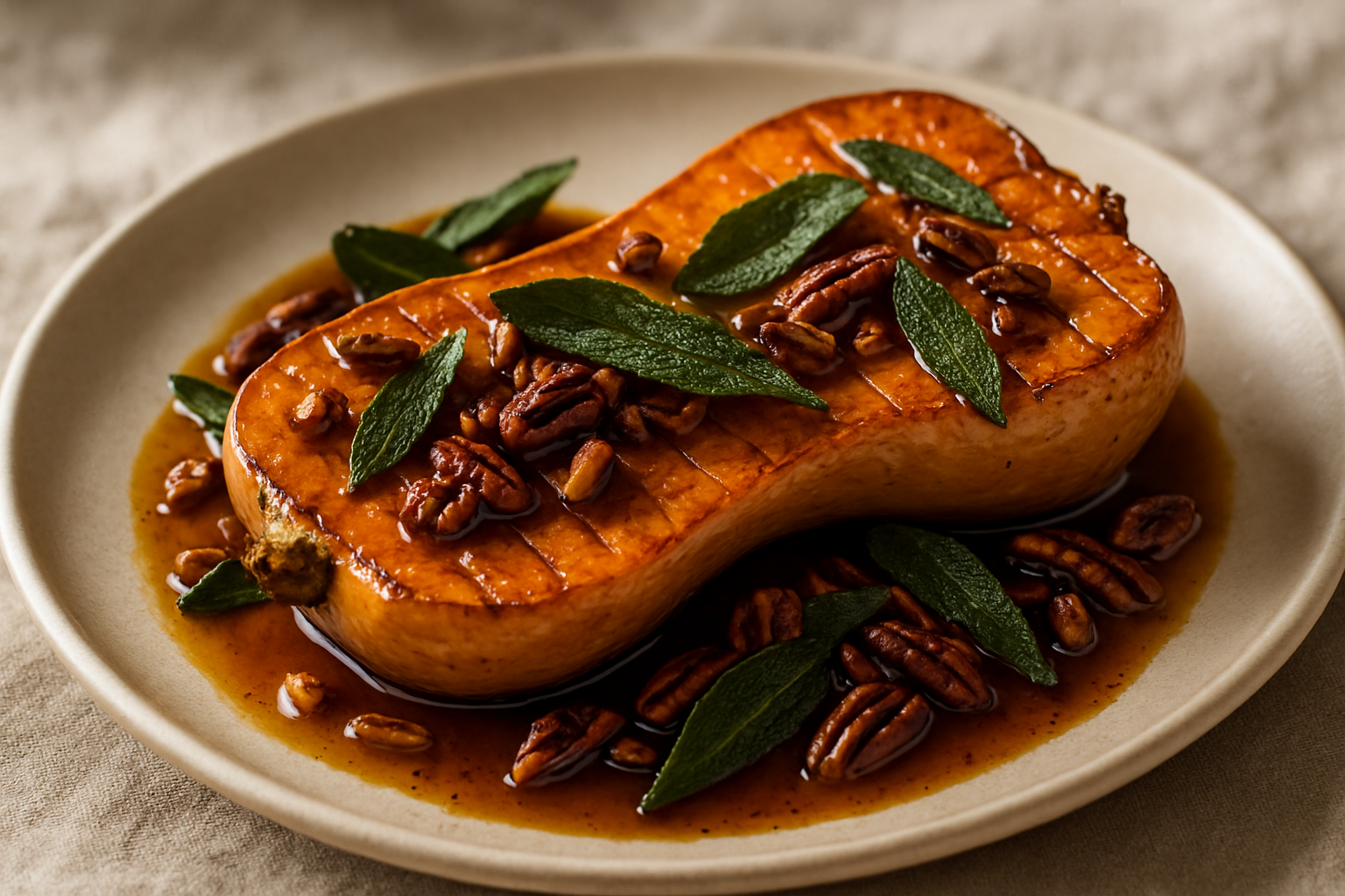 Maple Bourbon-Glazed Roasted Butternut Squash with Sage and Toasted Pecans