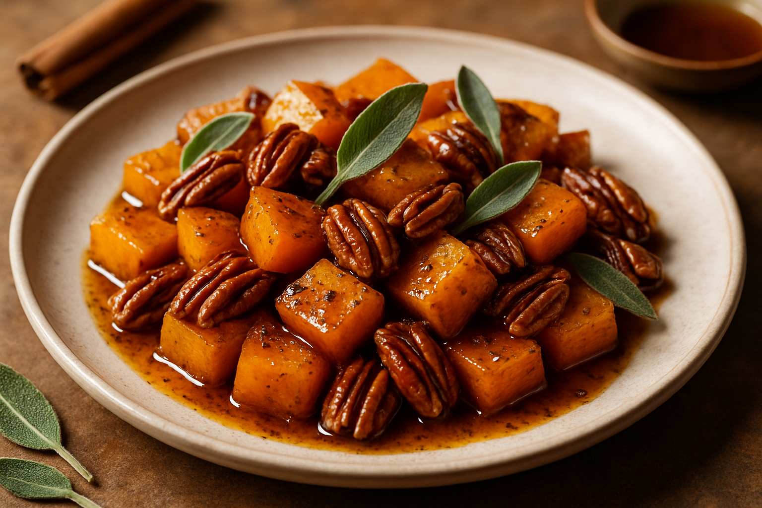 Maple Bourbon-Glazed Roasted Butternut Squash with Toasted Pecans and Fresh Sage