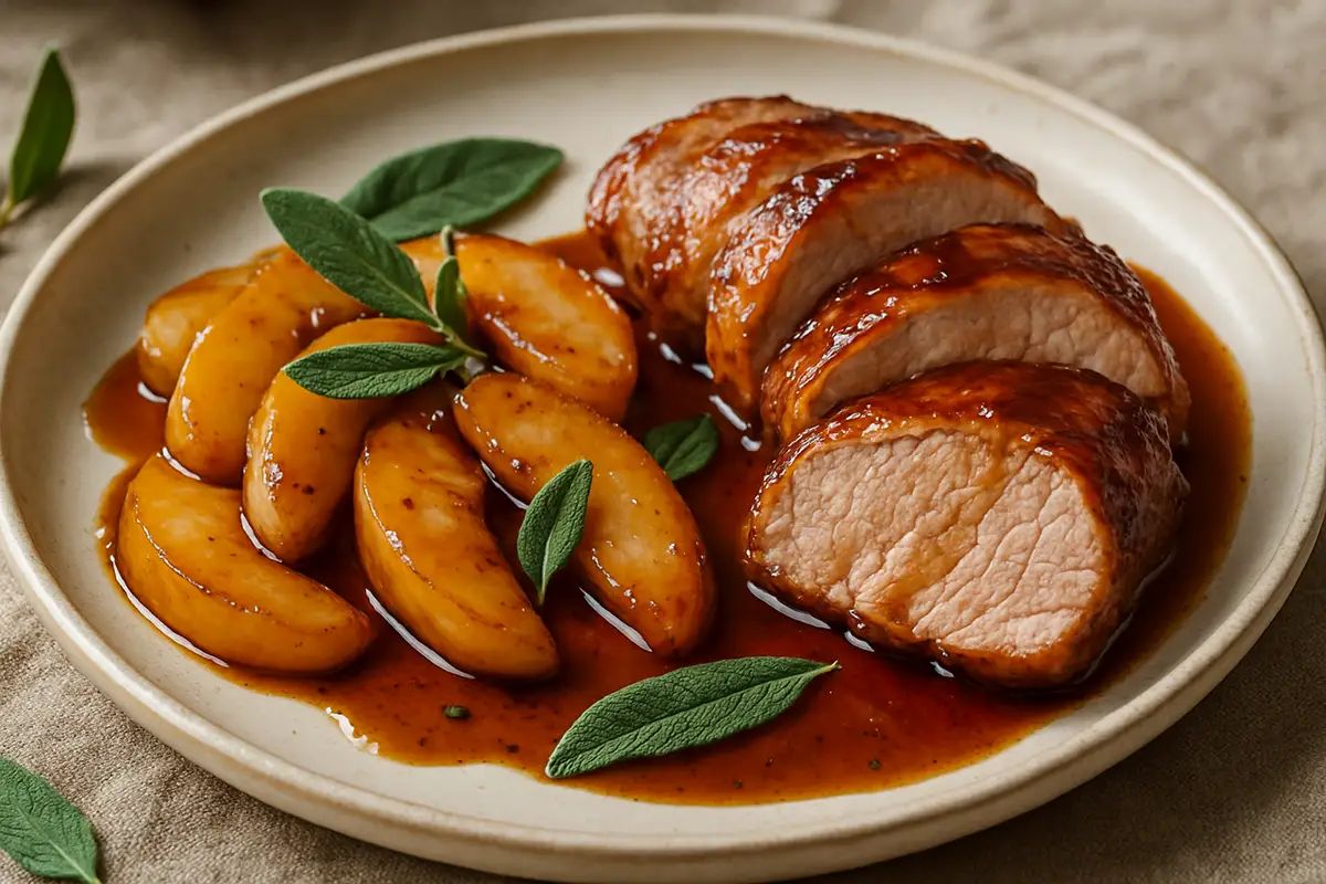 Maple Bourbon Glazed Roasted Pork Tenderloin with Apple and Sage