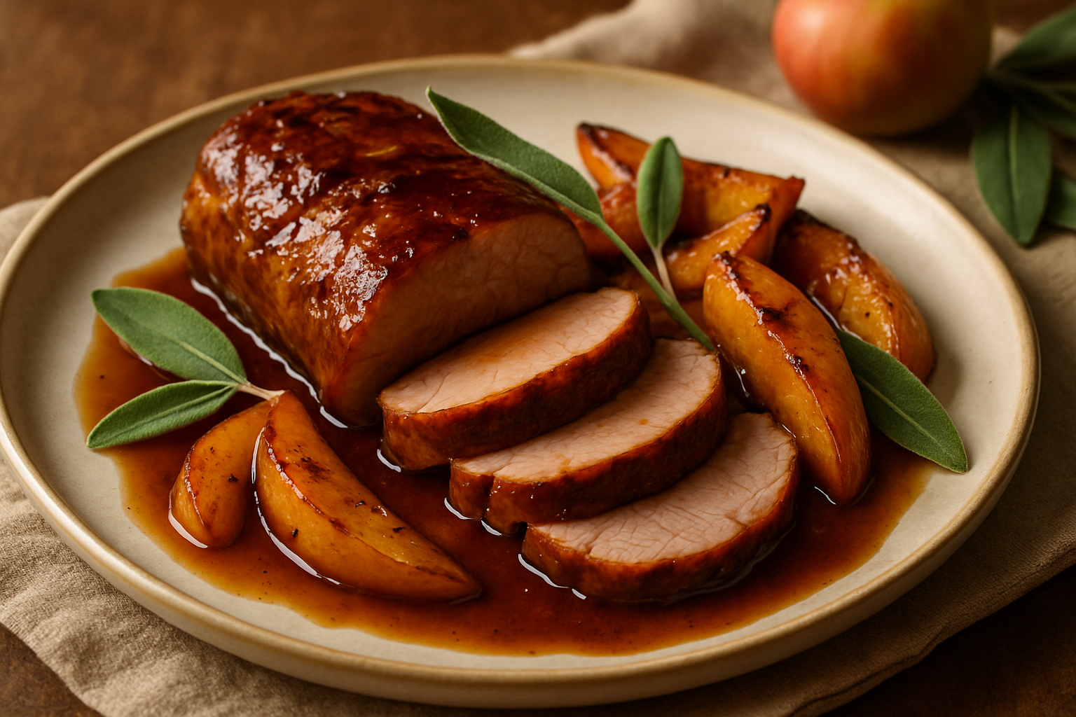 Maple-Bourbon Glazed Roasted Pork Tenderloin with Caramelized Apples and Sage