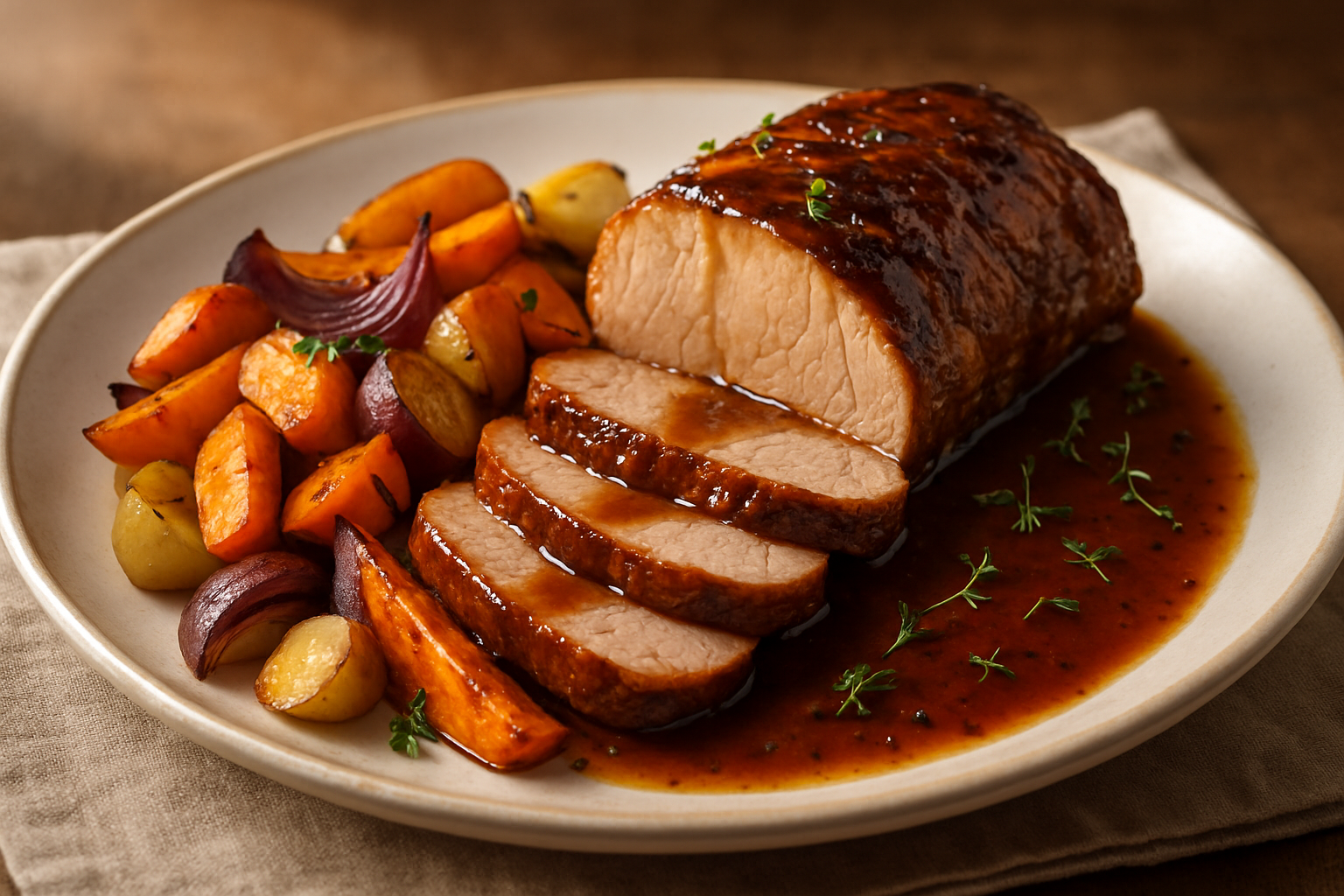 Maple-Bourbon Glazed Roasted Pork Tenderloin with Roasted Autumn Vegetables