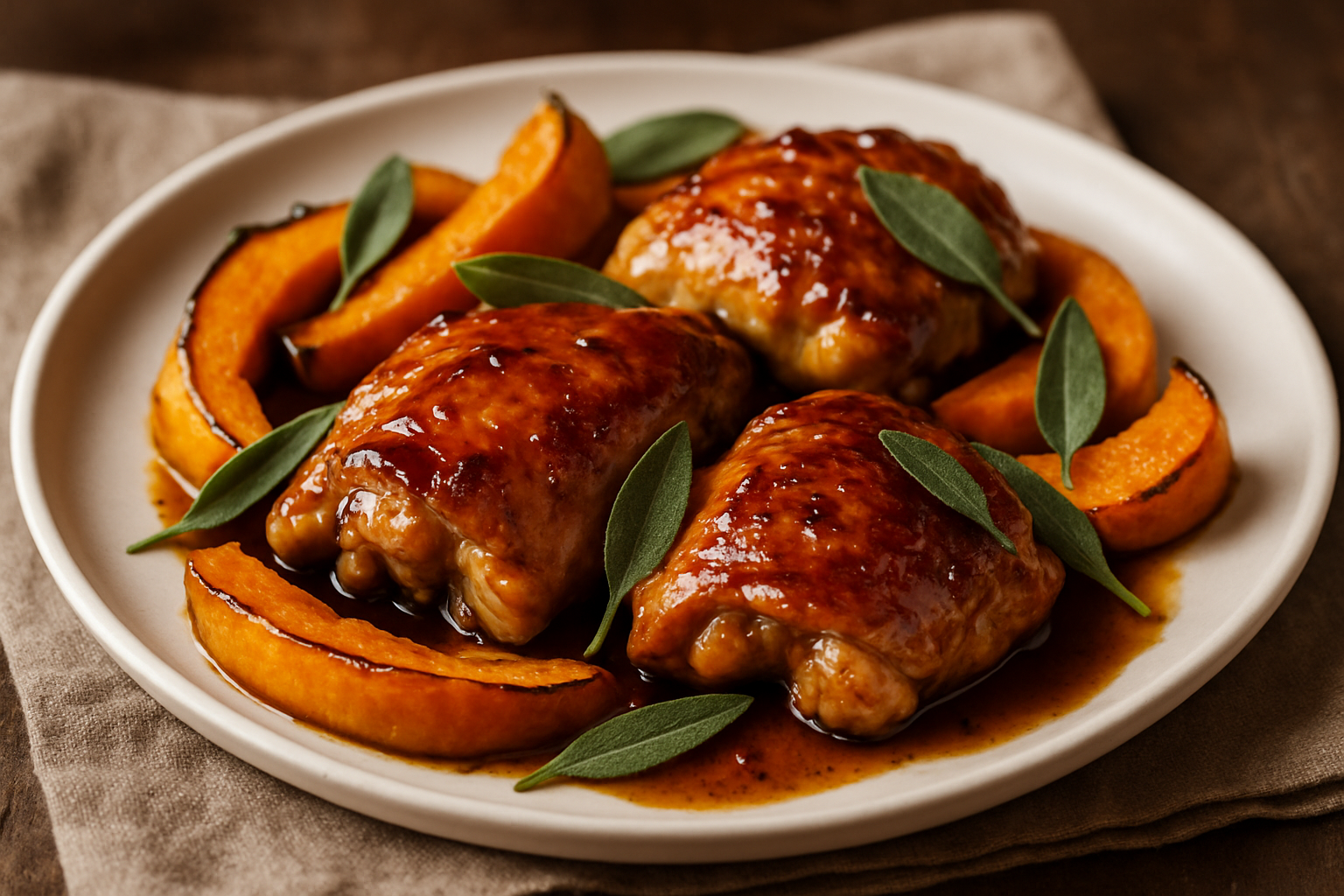 Maple Bourbon-Glazed Roasted Pumpkin and Sage Chicken Thighs