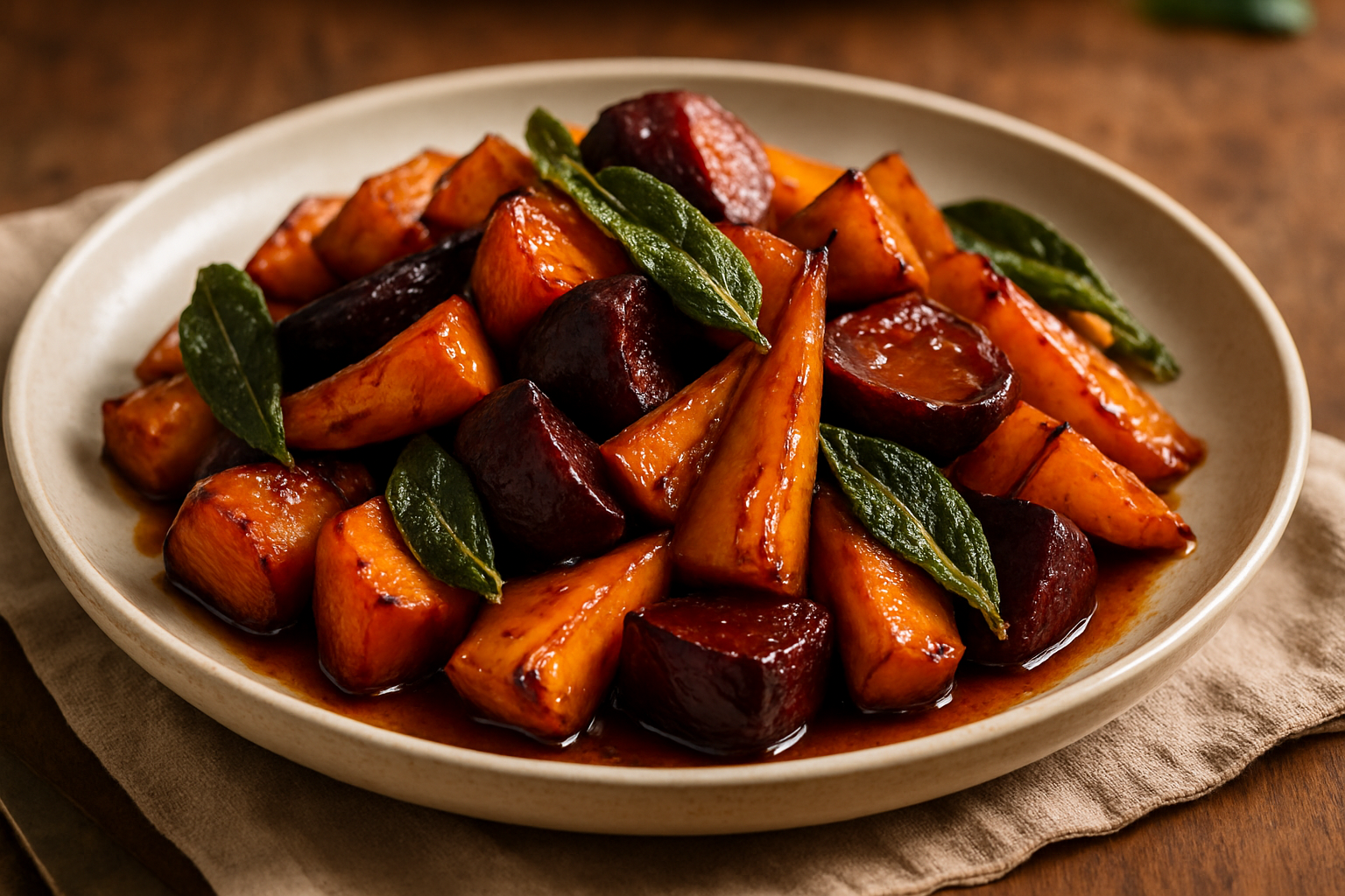 Maple Bourbon Glazed Roasted Root Vegetables with Crispy Sage