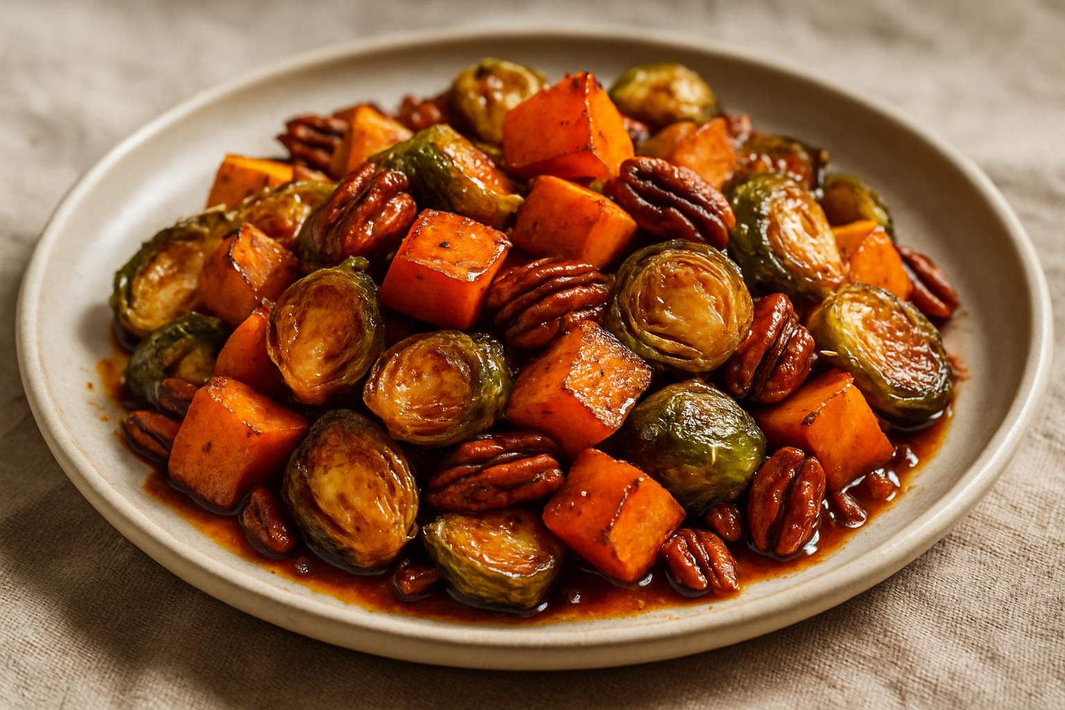 Maple Bourbon-Glazed Sweet Potato and Brussels Sprout Hash