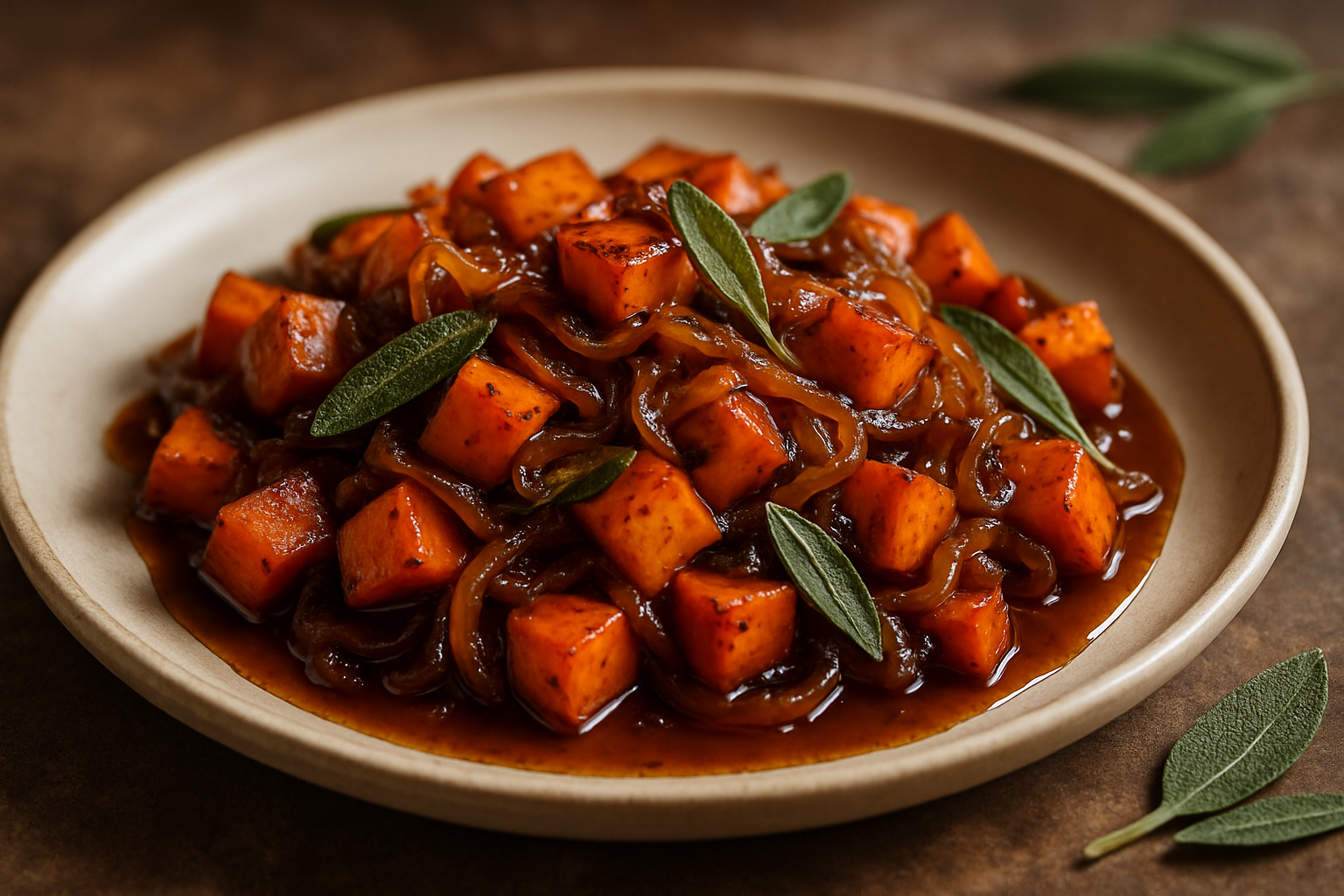 Maple Bourbon Glazed Sweet Potato Hash with Sage and Caramelized Onions