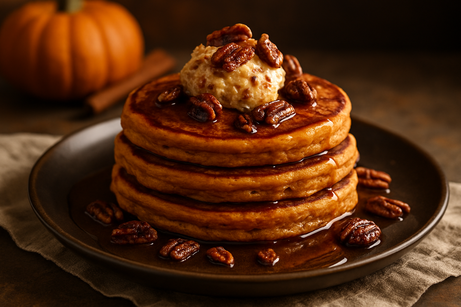 Maple Bourbon Pumpkin Pancakes with Candied Pecan Butter