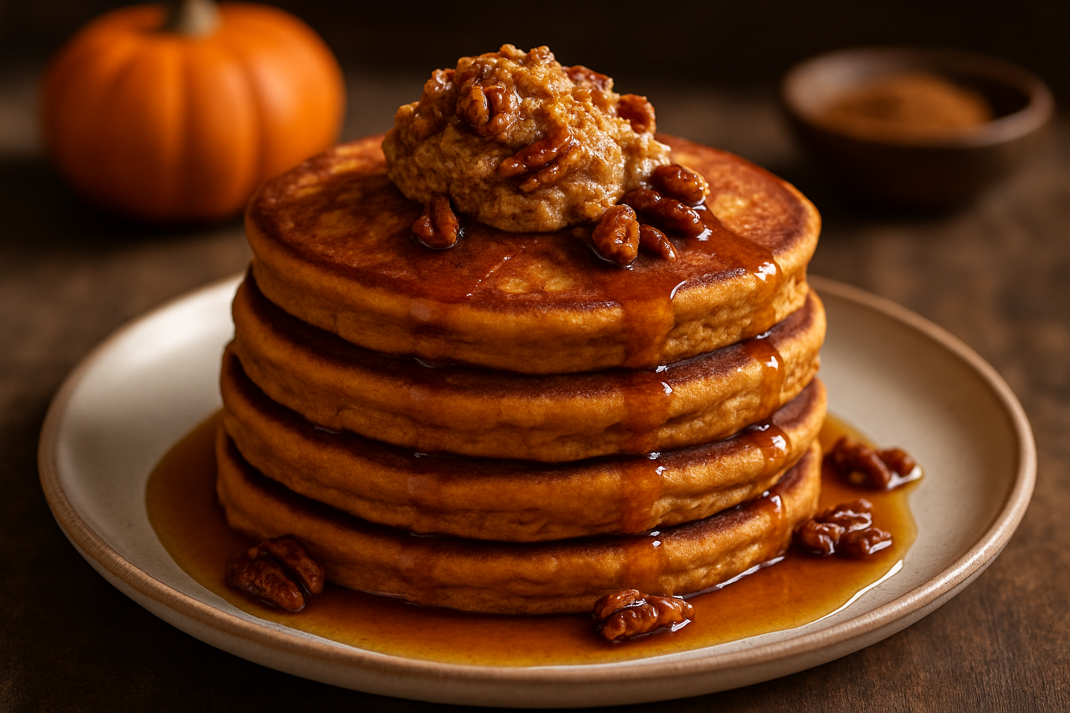 Maple Bourbon-Pumpkin Pancakes with Spiced Pecan Butter