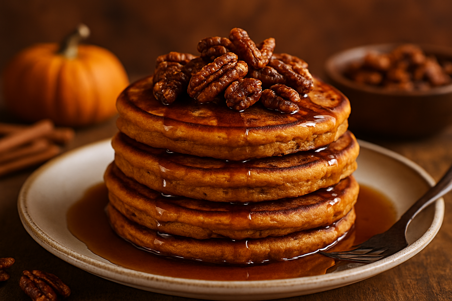 Maple Bourbon Pumpkin Pancakes with Spiced Pecans