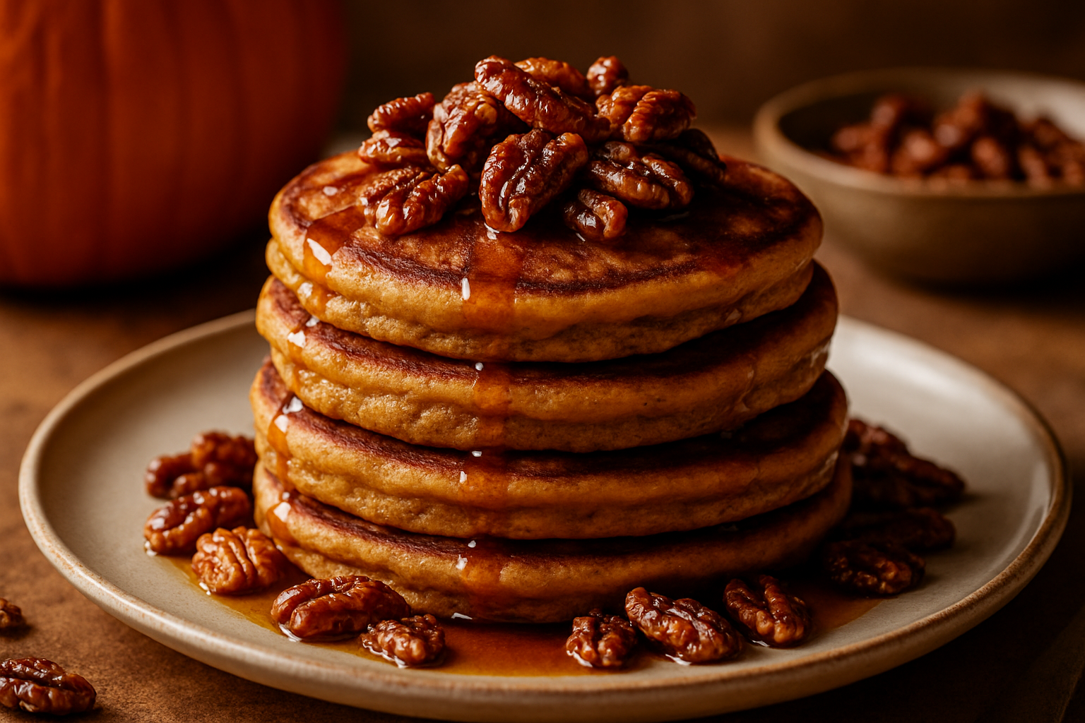 Maple Bourbon Pumpkin Spice Pancakes with Candied Pecans