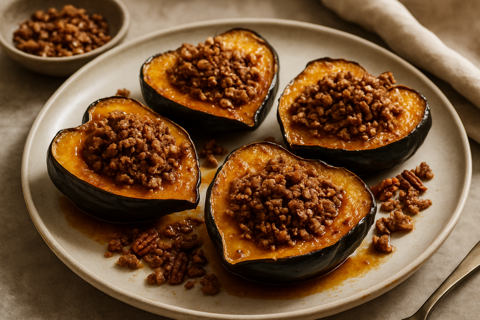 Maple Bourbon Roasted Acorn Squash with Spiced Pecan Crumble