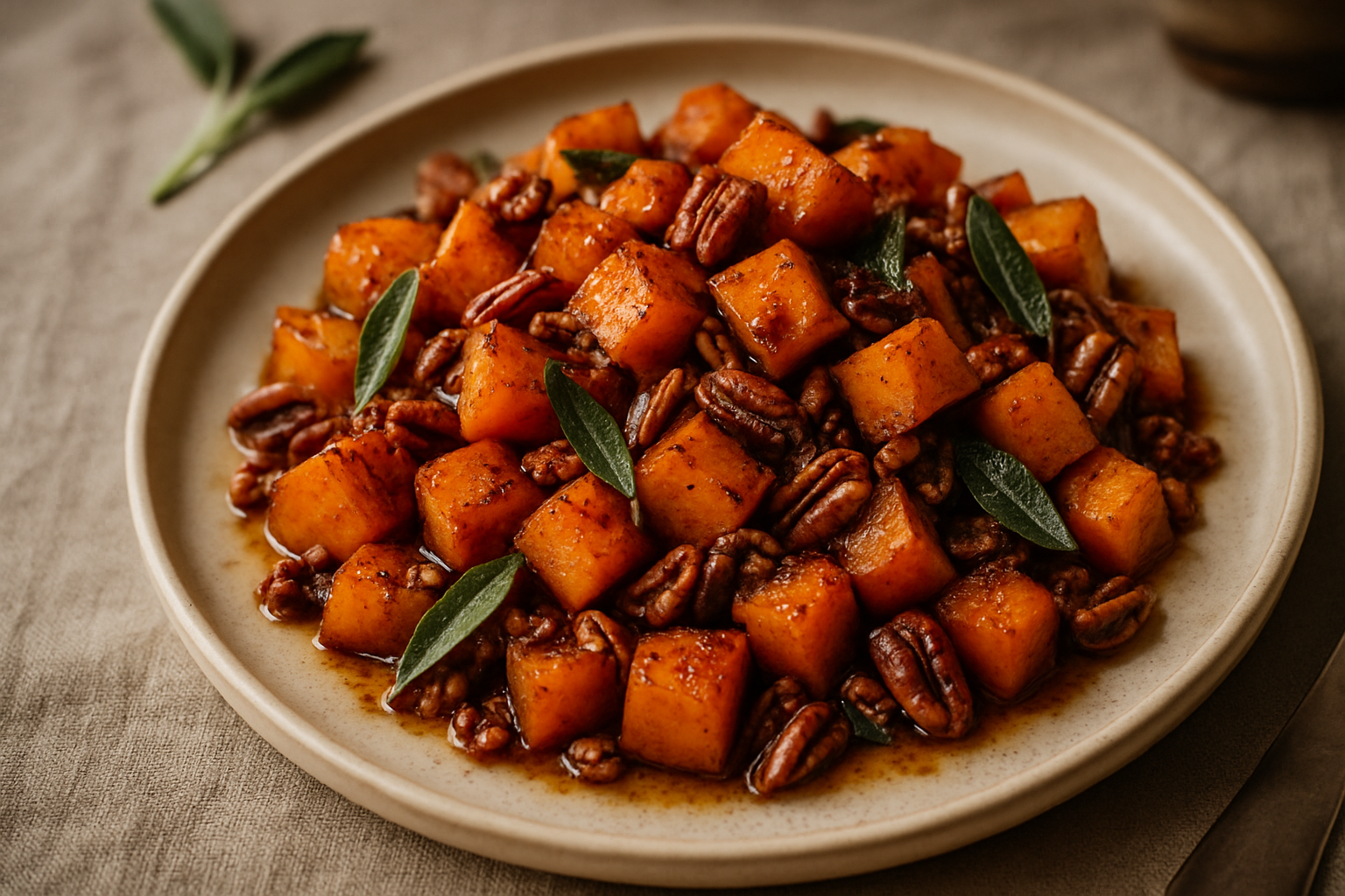 Maple Bourbon Roasted Butternut Squash with Sage and Toasted Pecans