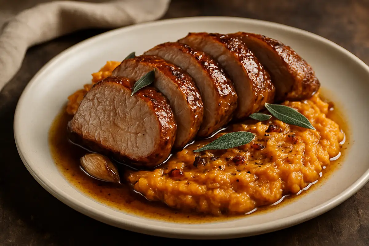 Maple Bourbon Roasted Pork Tenderloin with Sweet Potato Mash
