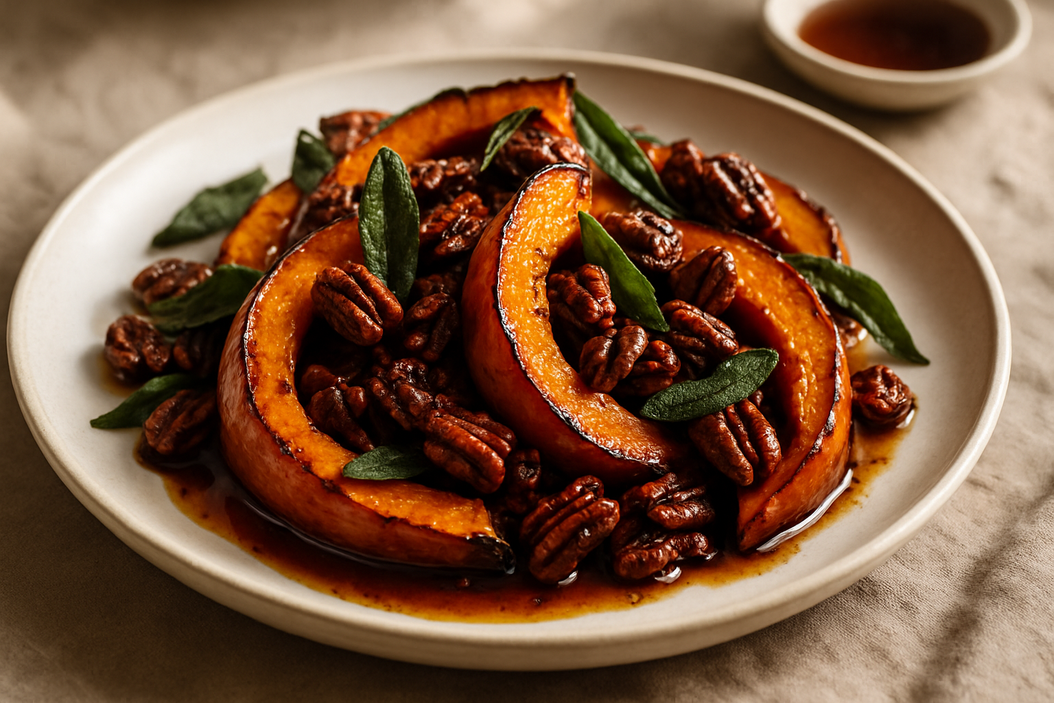Maple Bourbon Roasted Pumpkin with Candied Pecans and Sage