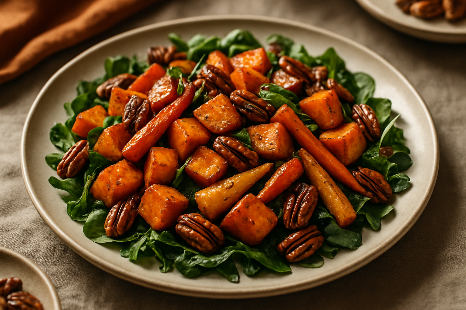 Maple Bourbon Roasted Root Vegetable Salad with Toasted Pecans