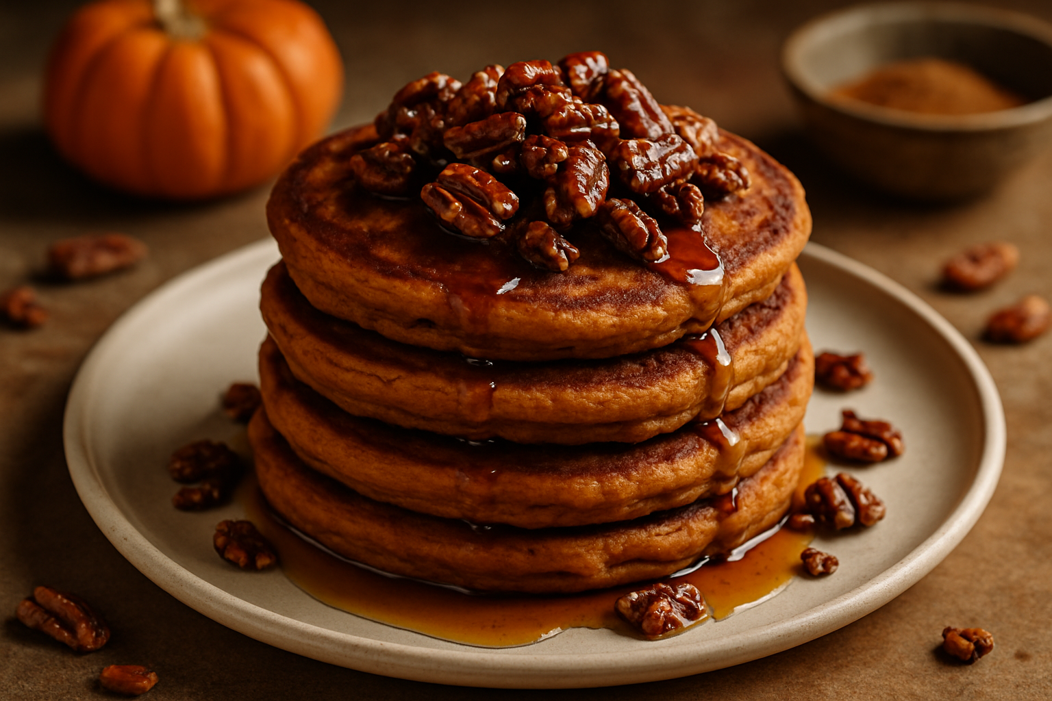 Maple Bourbon-Spiced Pumpkin Pancakes with Candied Pecans